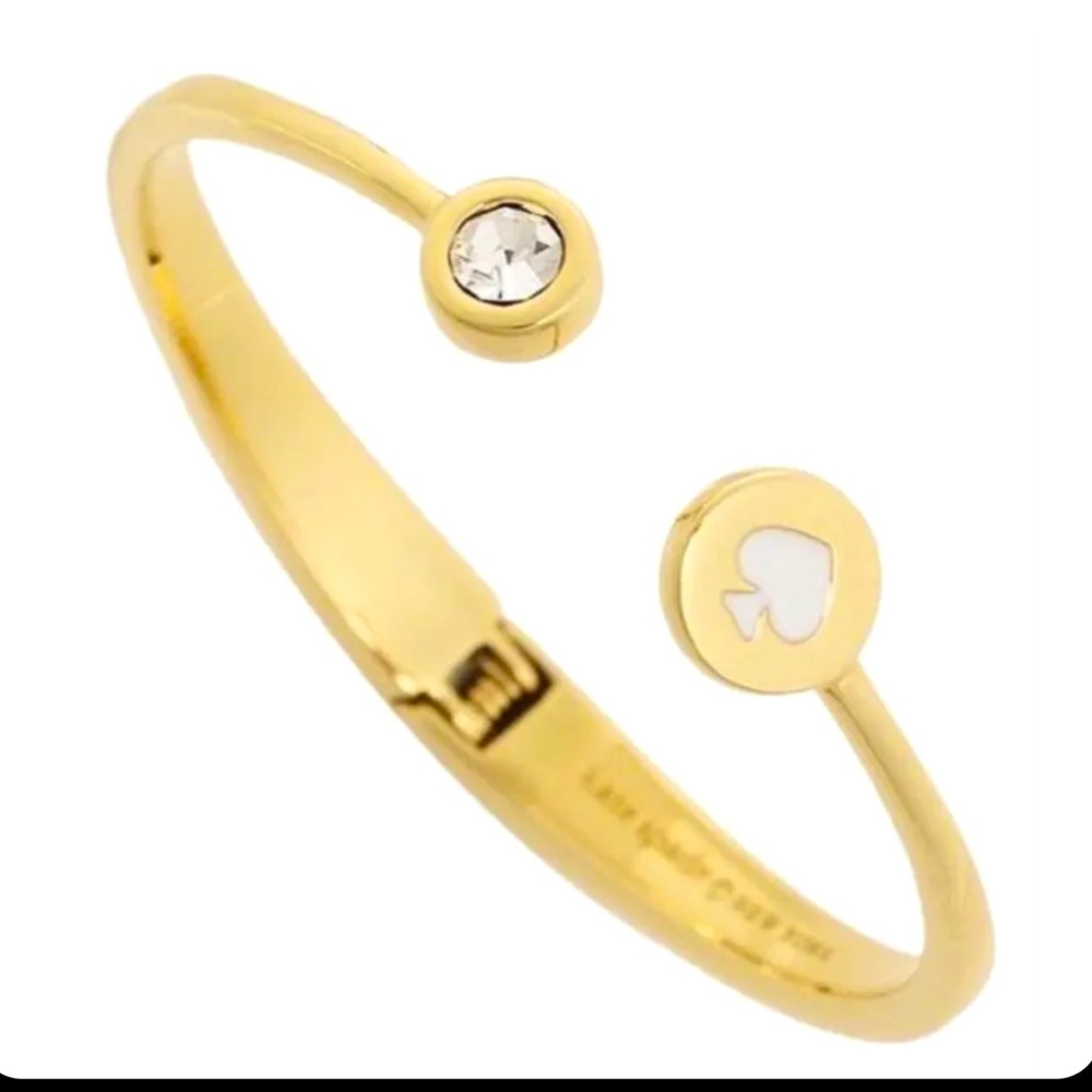 Kate Spade Spot the Spade Open Hinge Bangle Bracelet  White Crystal Gold Tone